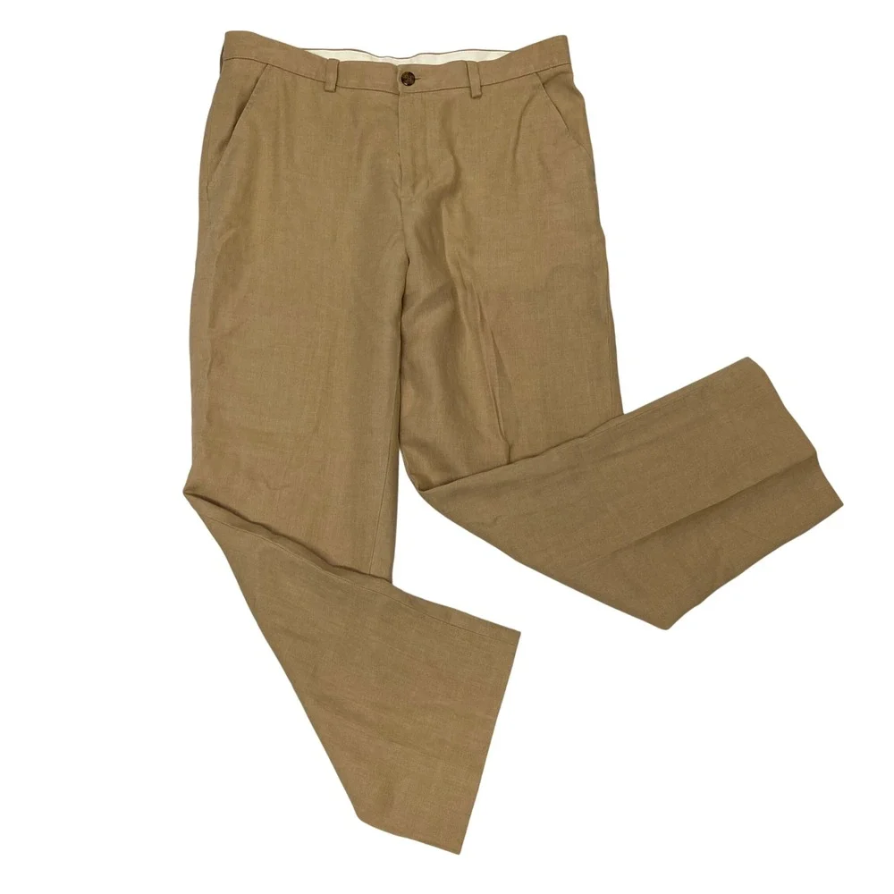 LL Bean Mens 35W Linen Pants Tan Khaki 100 Linen Flat Front Straight Leg